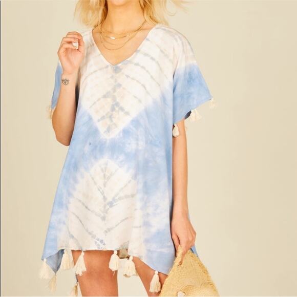 Surf Gypsy Medium Boho Blue Tie Dye Tassel Swim Cover-Up - Picture 2 of 9